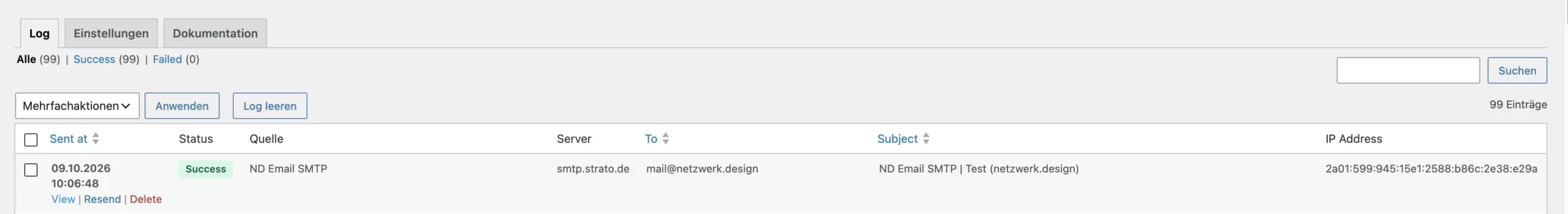 E-Mail-Log mit Status, Quelle, Empfänger und Betreff