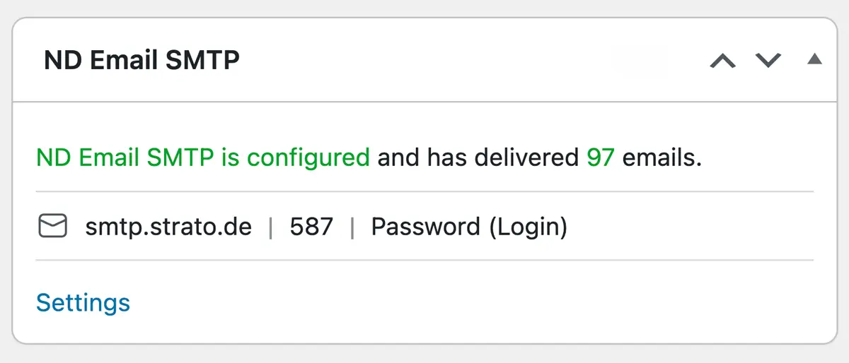 Dashboard-Widget von ND Email SMTP mit Status, Host und Port